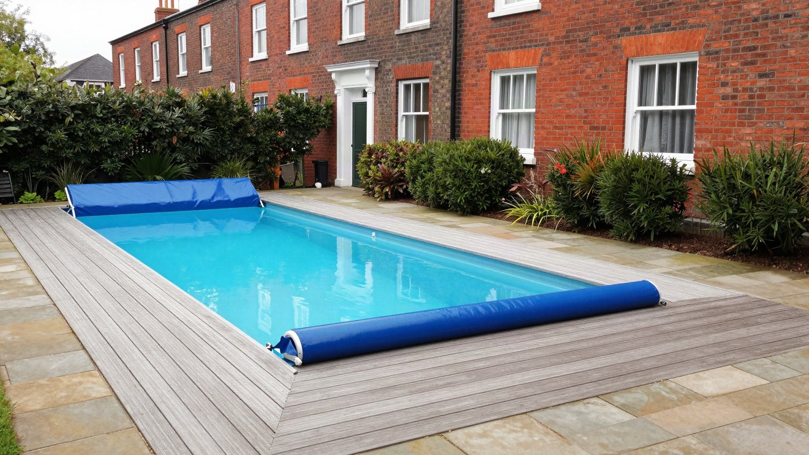 A rectangular in-ground pool with timber deck surround and rolled solar cover in the walled rear garden of a red-brick Victorian terrace