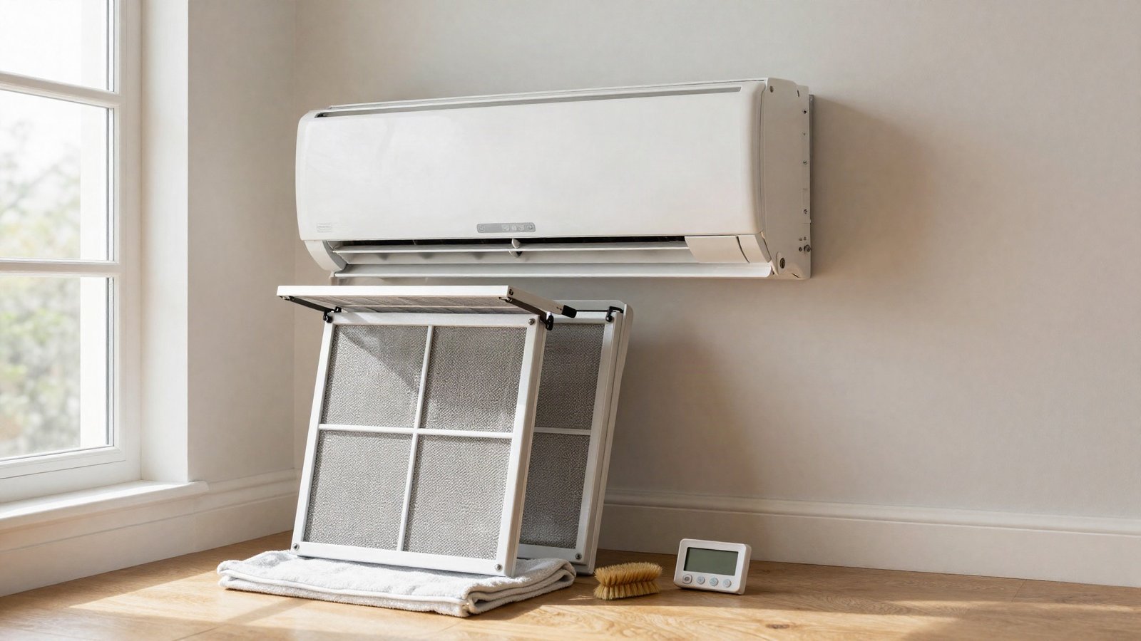 Wall-mounted air conditioning unit with its front panel open, filters removed and resting on the floor of a sunlit British living room