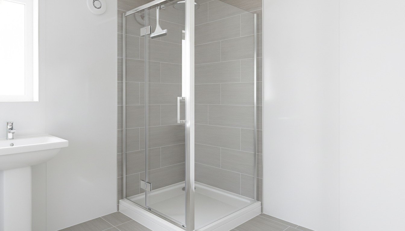 A UK bathroom showing a tiled shower enclosure alongside a gloss acrylic wall panel enclosure, with a low-profile stone resin tray and chrome screen