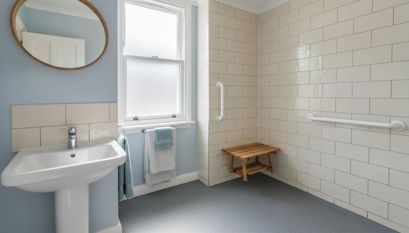 A level-access shower in a UK bathroom with a white grab rail, folding shower seat and slip-resistant vinyl floor