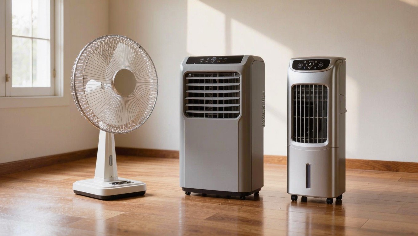 Portable air conditioner with exhaust hose at a window beside a pedestal fan and a small evaporative cooler in a UK living room