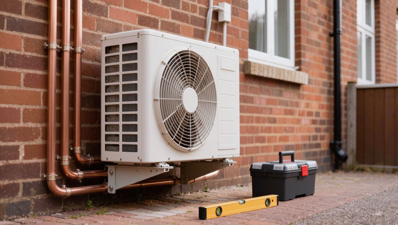 White wall-mounted split air conditioning unit installed above a window in a bright UK living room