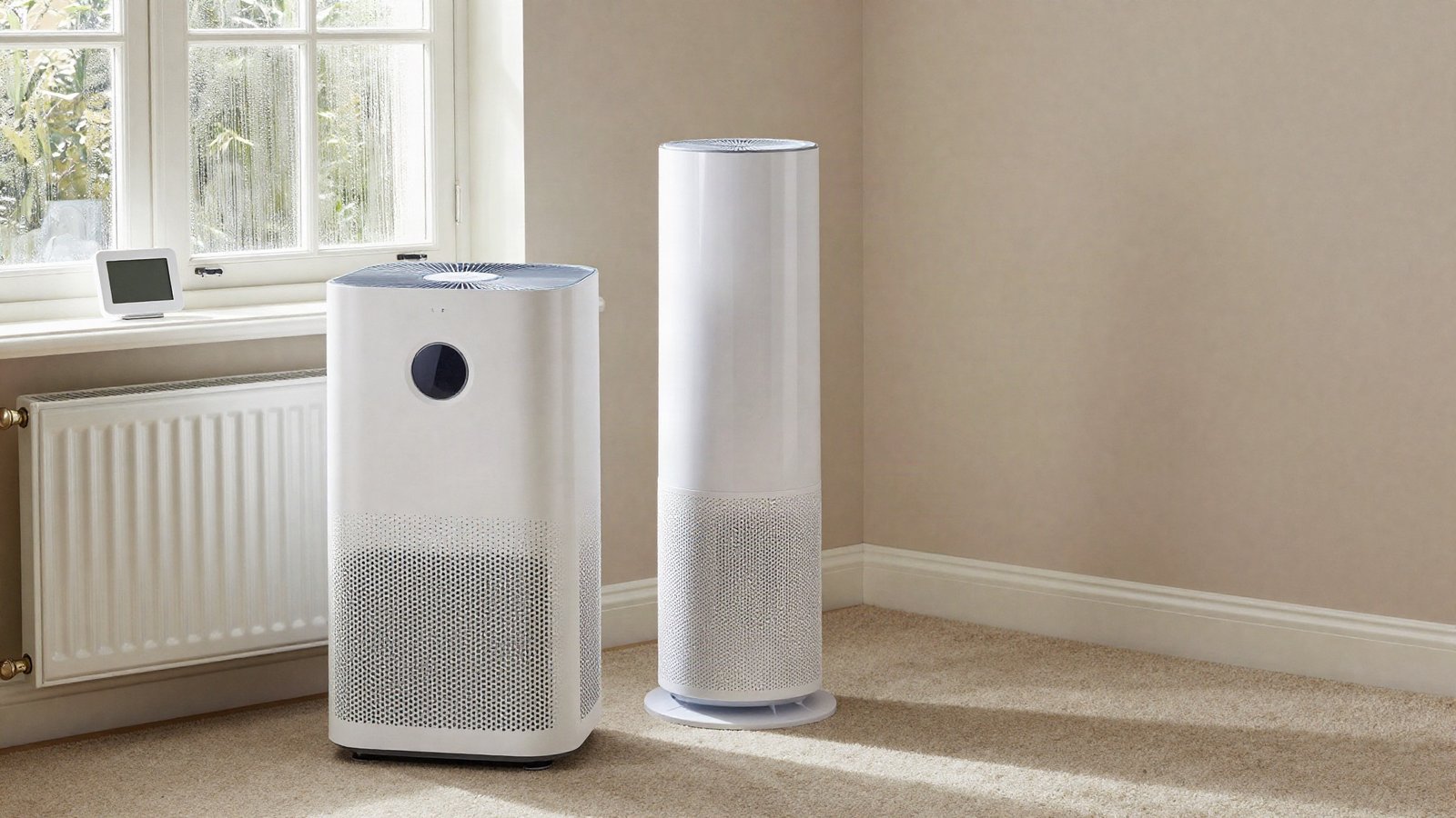 A dehumidifier and a tall air purifier standing side by side in a British bedroom with condensation on the sash window and a hygrometer on the sill.