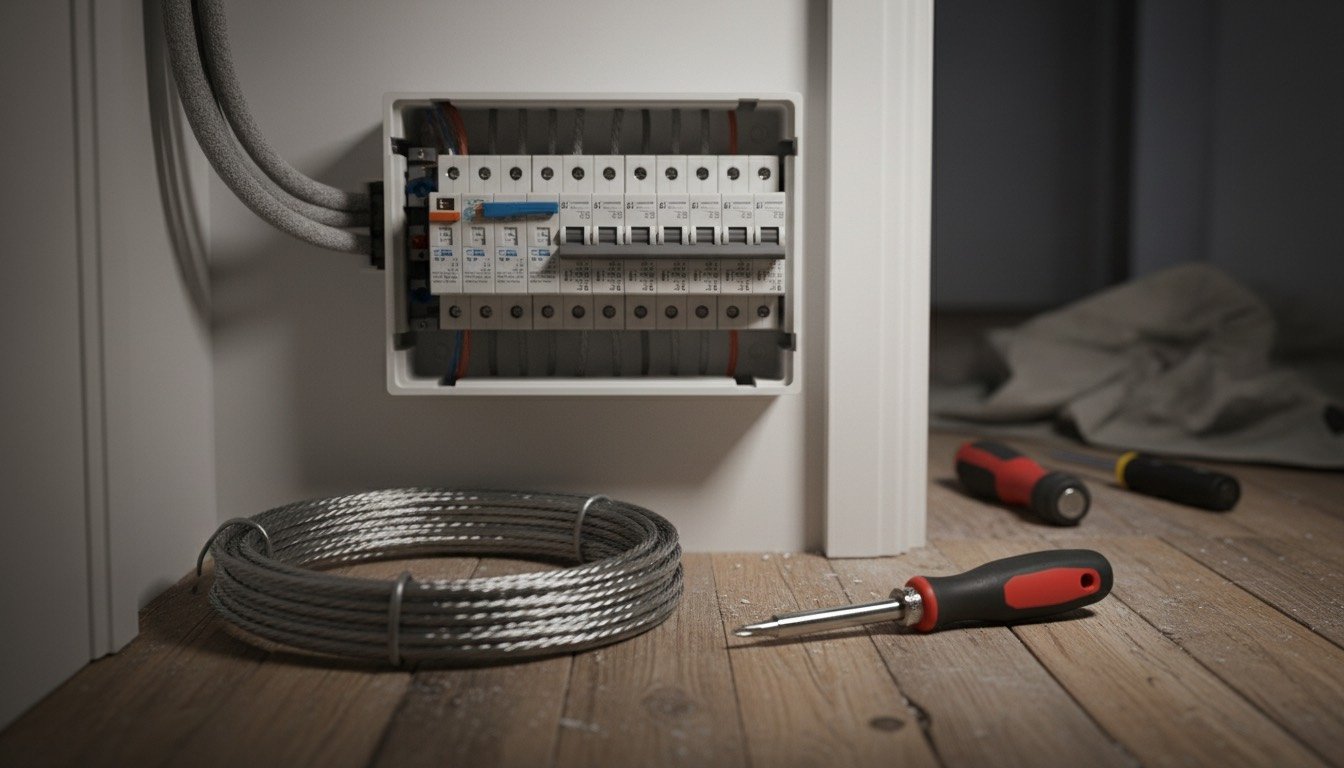 An open consumer unit in a UK hallway cupboard with grey twin-and-earth copper cable and a coil of armoured aluminium sub-main cable on the floorboards