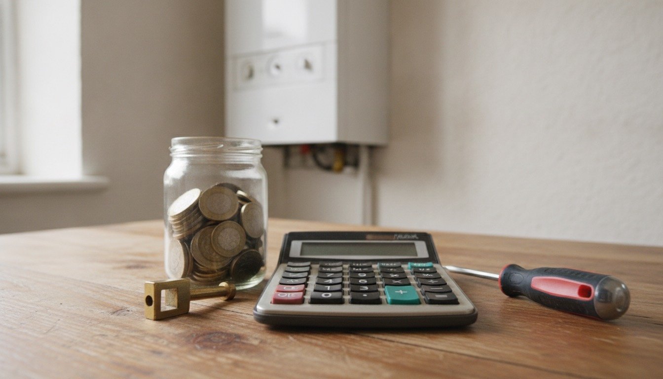 Calculator, radiator key, screwdriver and a jar of coins on a wooden kitchen table in a UK home, with a wall-mounted boiler softly blurred behind