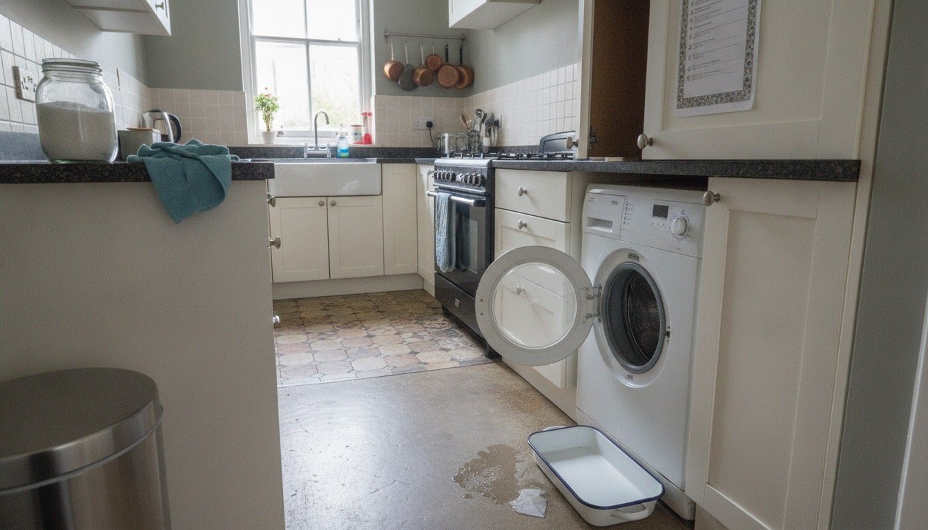 A washing machine pump filter being unscrewed into a shallow tray on a tiled kitchen floor, with a printed maintenance checklist pinned inside the cupboard door above