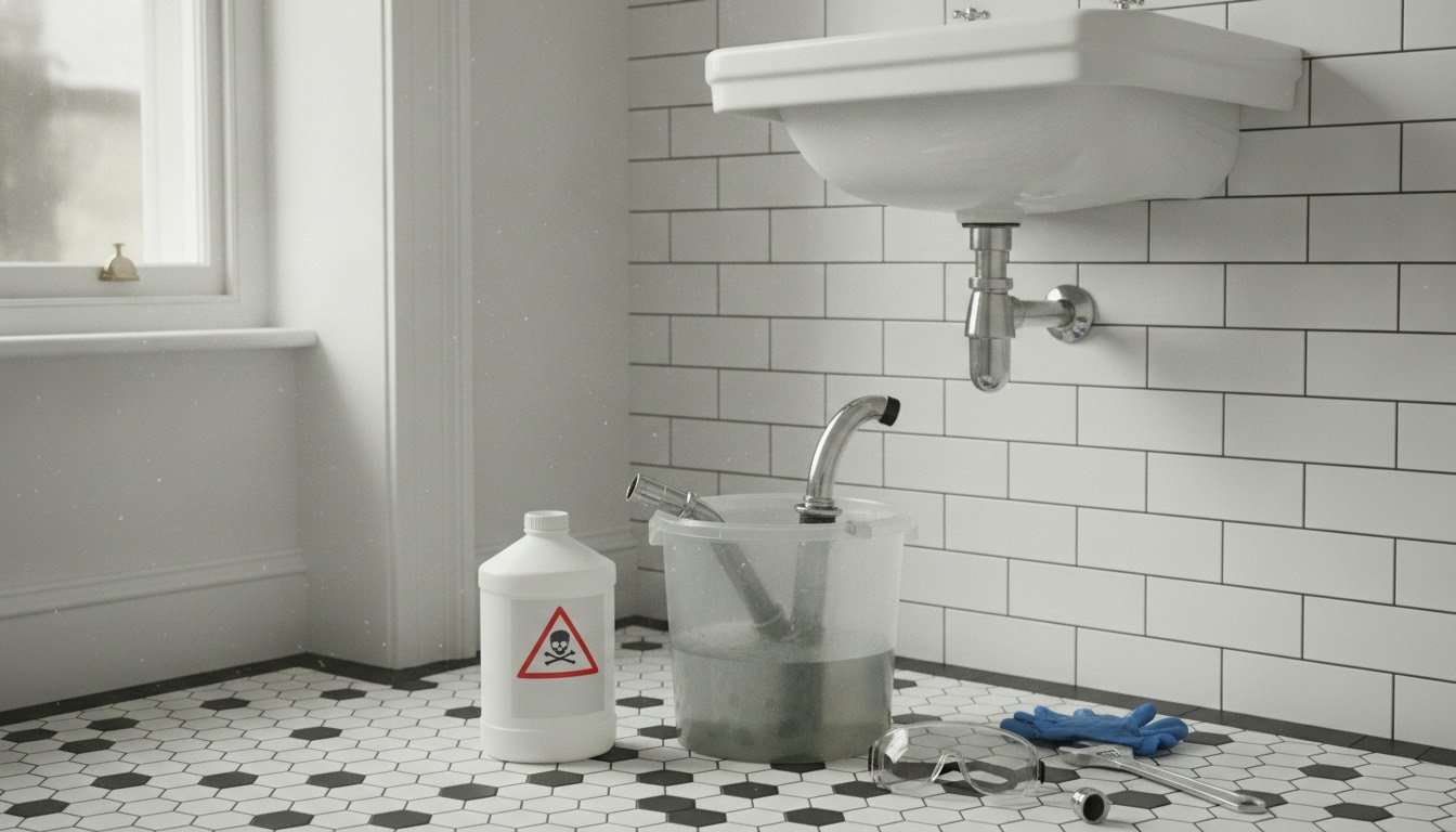 A bottle of drain unblocker beside an open chrome bottle trap under a Victorian bathroom basin, with nitrile gloves and safety goggles on the floor