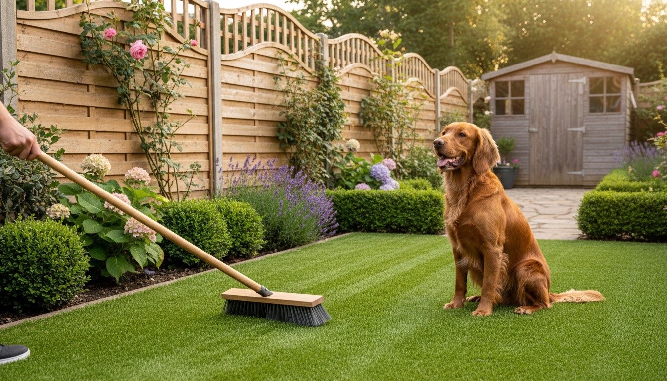 Vivid artificial lawn being brushed upright beside a happy spaniel