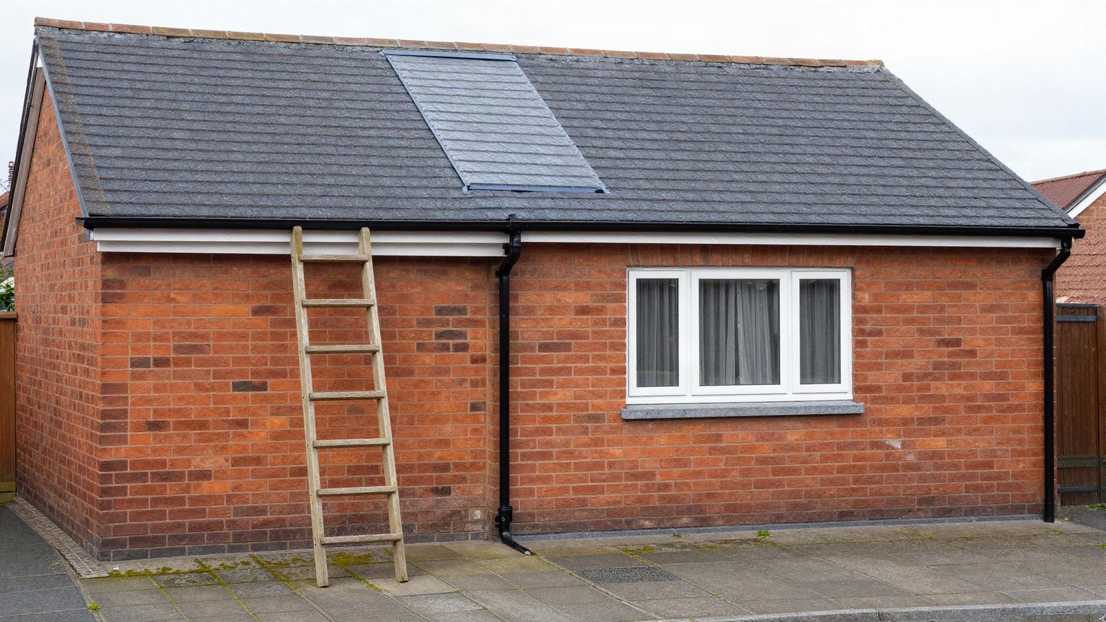 A brick detached garage with a dark bitumen shingle roof next to a grey standing seam metal extension roof on a UK suburban house