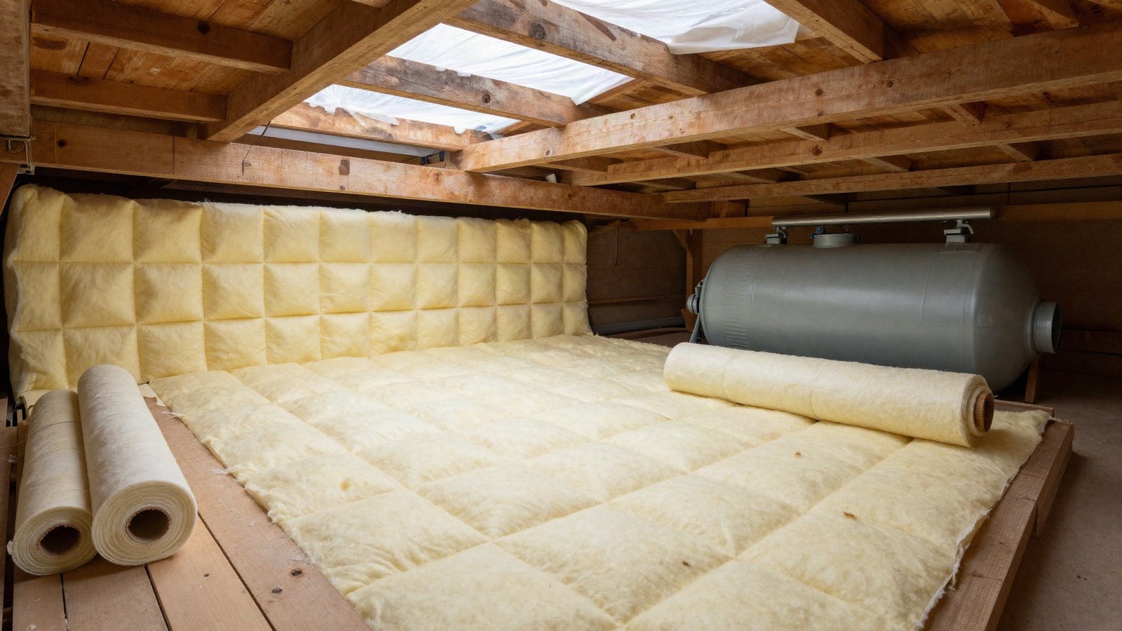 A UK loft with mineral wool quilt laid across timber ceiling joists, spare rolls stacked beside a boarded walkway and a lagged cold water tank