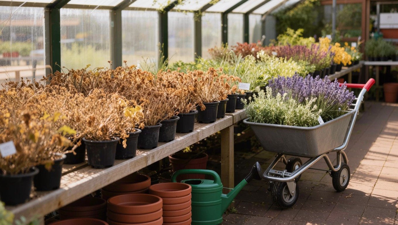 Trolleys of reduced perennials in plastic pots and stacked terracotta planters on wooden sale benches at a UK garden centre in late summer