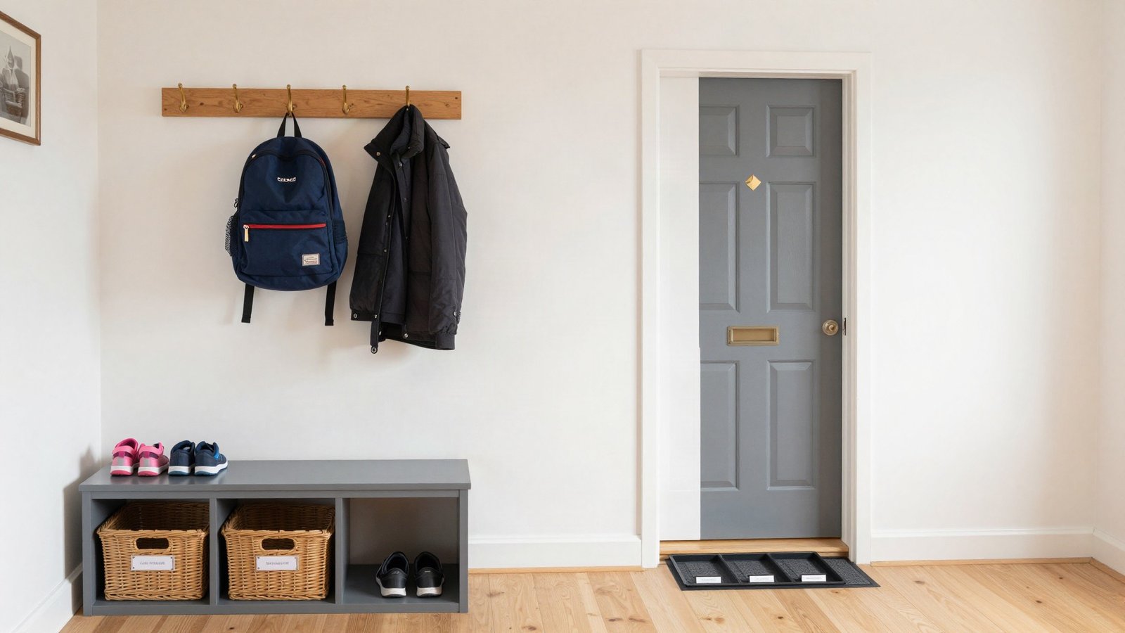 UK hallway launch pad with coat hooks holding school bags, a shoe bench and labelled baskets by the front door