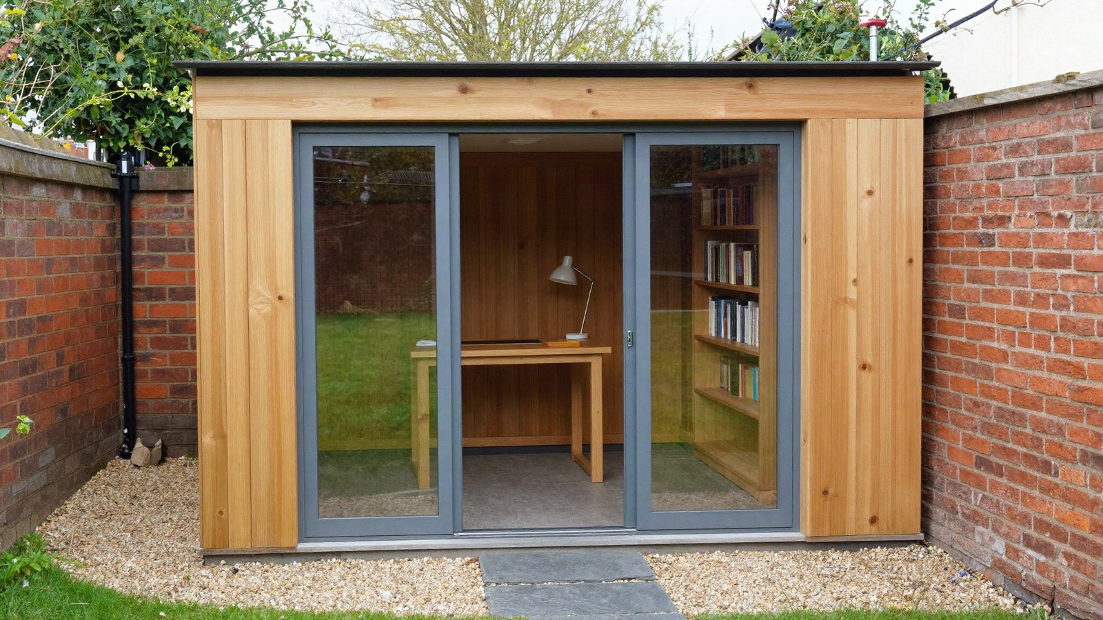 Compact cedar-clad garden office with aluminium glazed doors at the end of a small British back garden