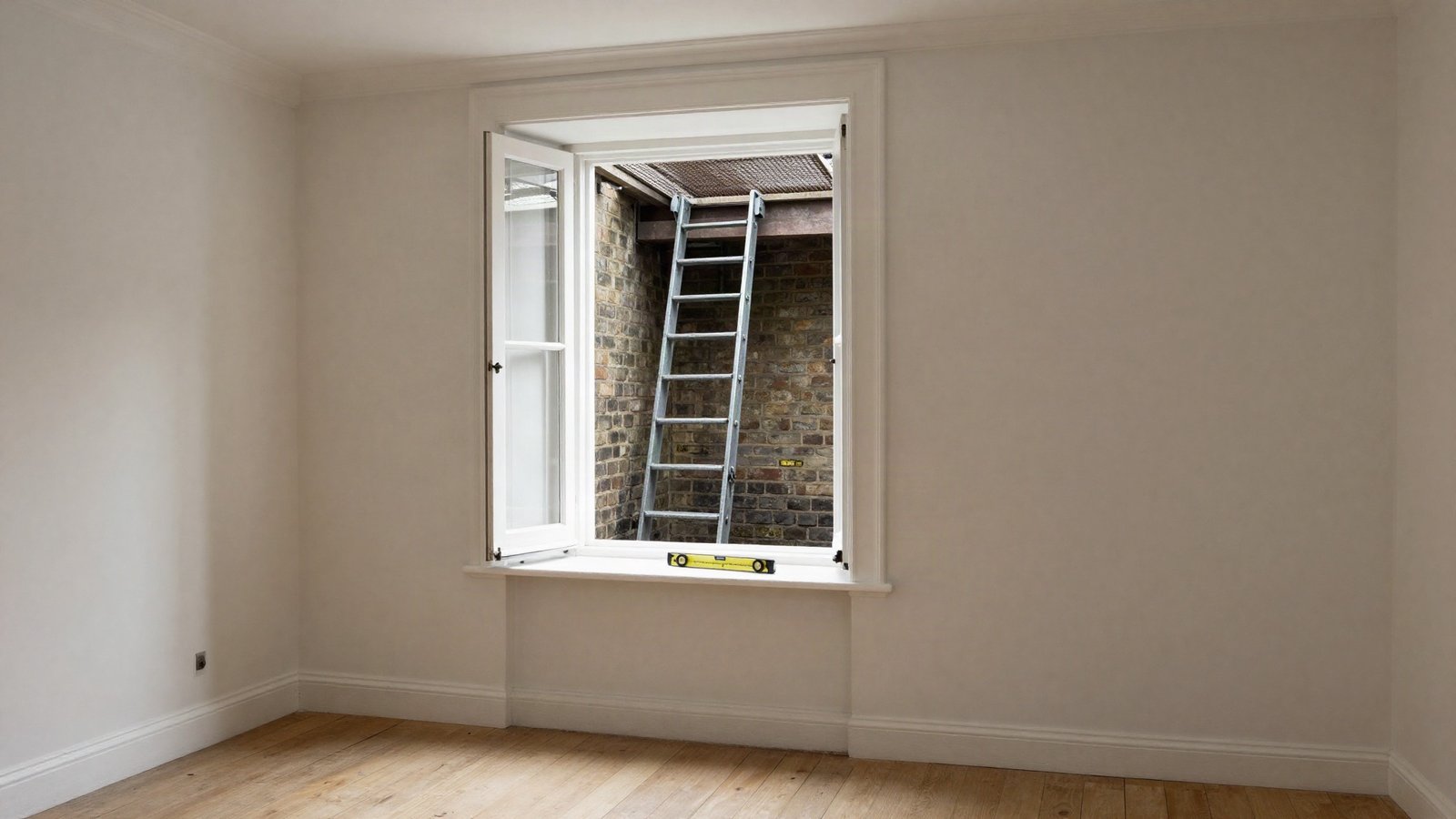 A converted basement room in a UK terraced house with a large side-hung escape casement window opening into a brick-lined lightwell fitted with a steel ladder
