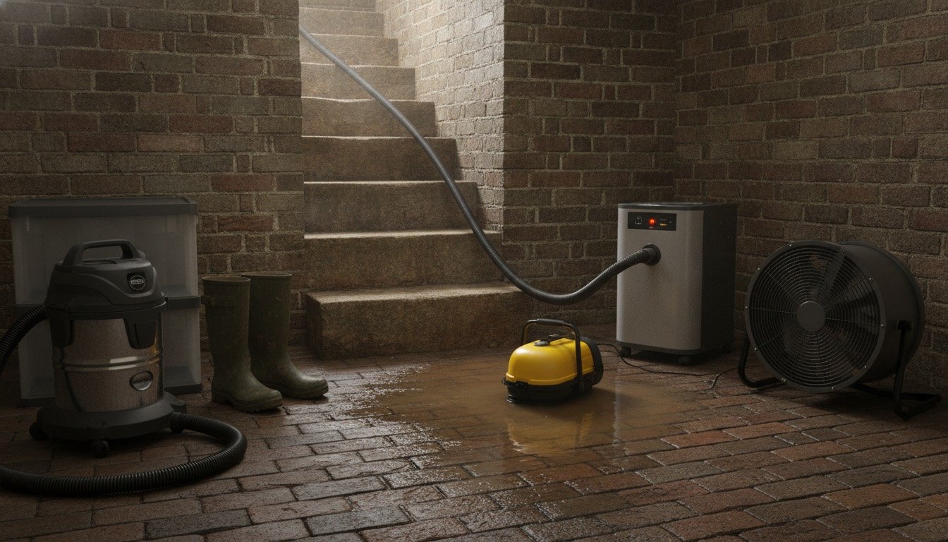 A Victorian brick cellar with standing water being pumped out, a hired submersible pump and hose running to a drain, and a commercial dehumidifier drying the walls