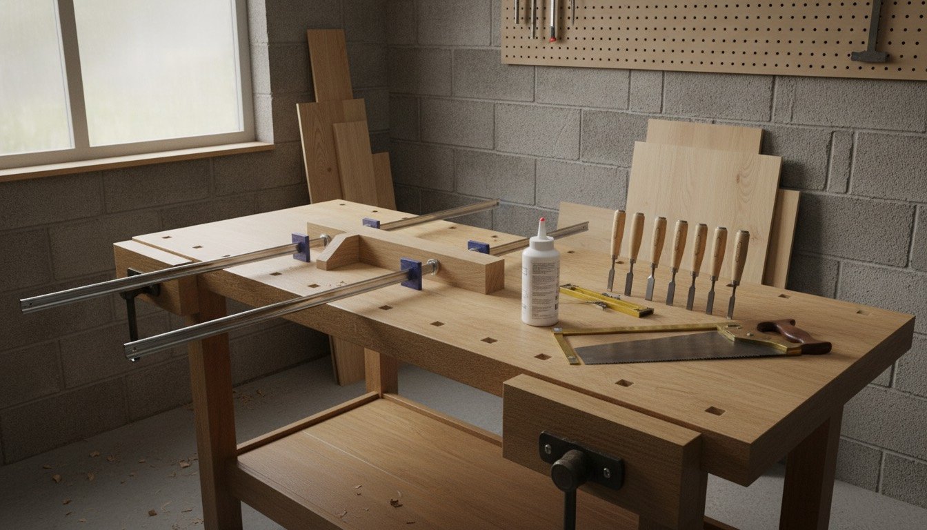 Chisels, a tenon saw, marking gauge and sash cramps around a part-assembled mortise and tenon joint on a workbench in a UK garage workshop