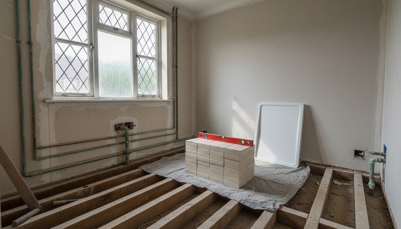 A UK bathroom stripped back mid-refit, with exposed floor joists, copper pipework and a stack of porcelain tiles on a dust sheet