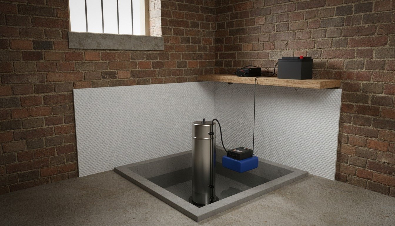 Open sump chamber in a UK cellar with a submersible pump, a smaller 12V backup pump mounted higher, and a sealed battery on a shelf above