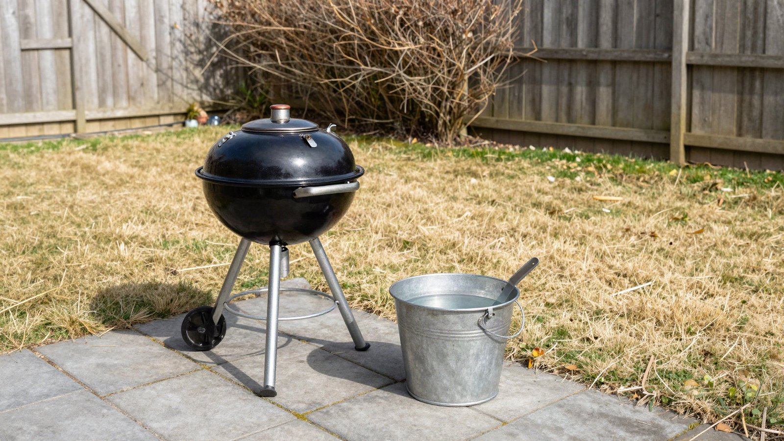Charcoal barbecue on a paved patio beside a metal bucket of water, with a parched brown lawn and wooden garden fence behind