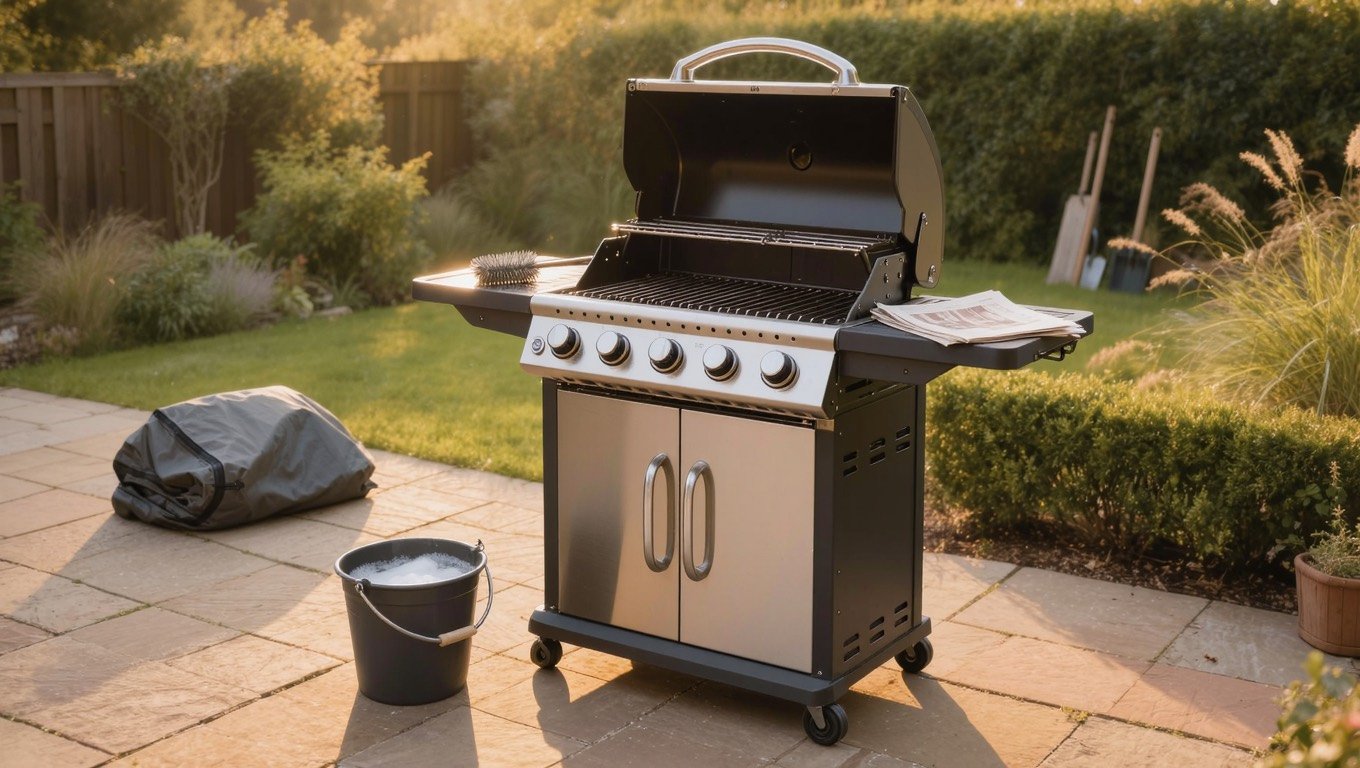 Gas barbecue with the lid open on a UK patio, grates removed and cleaning kit laid out for an end-of-summer deep clean