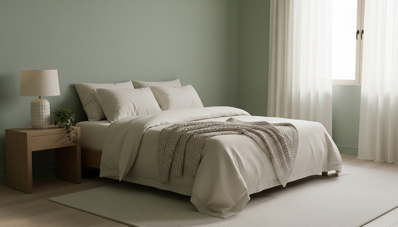 Serene bedroom in muted sage and warm cream with layered natural bedding
