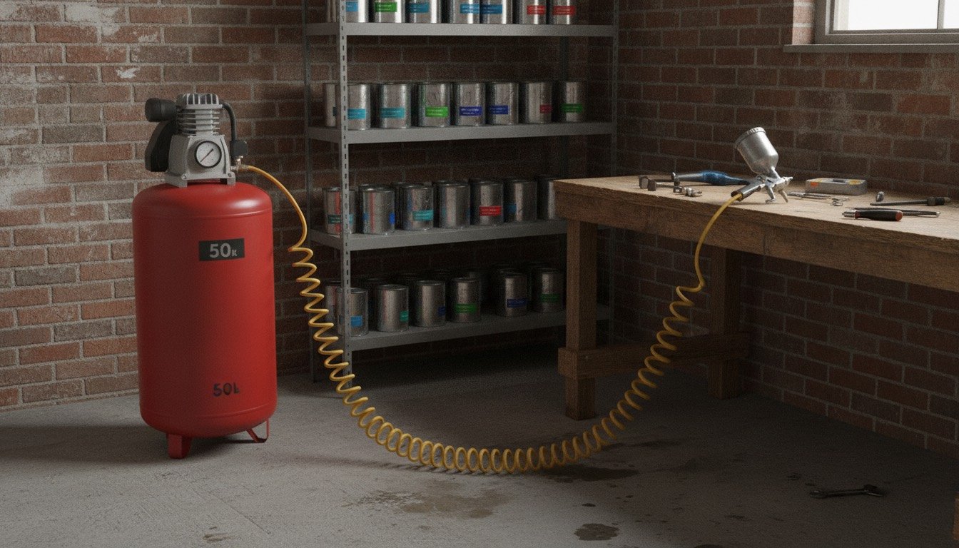 A red 50-litre vertical air compressor standing beside a workbench in a UK brick garage, with a coiled air hose, tyre inflator and spray gun on the bench