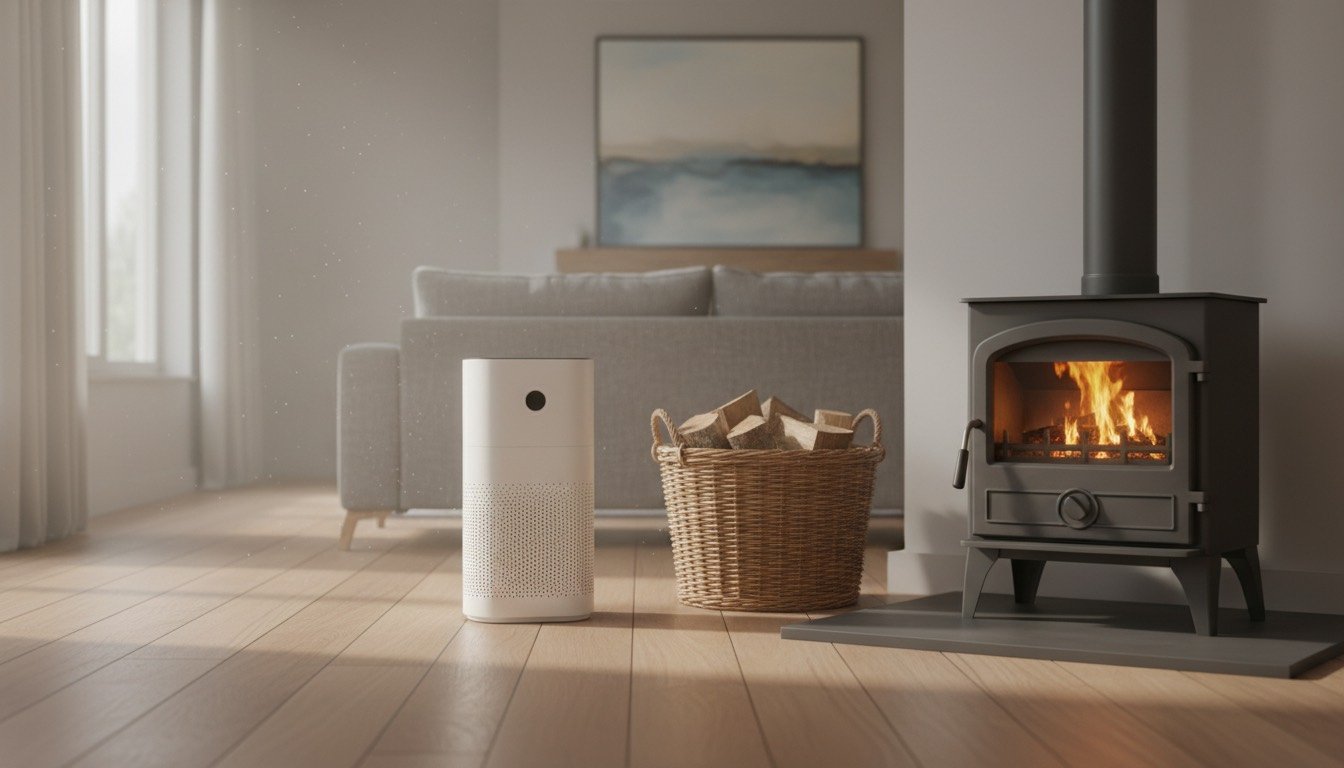 White air purifier running on oak floorboards beside a cast-iron wood burning stove in a British living room