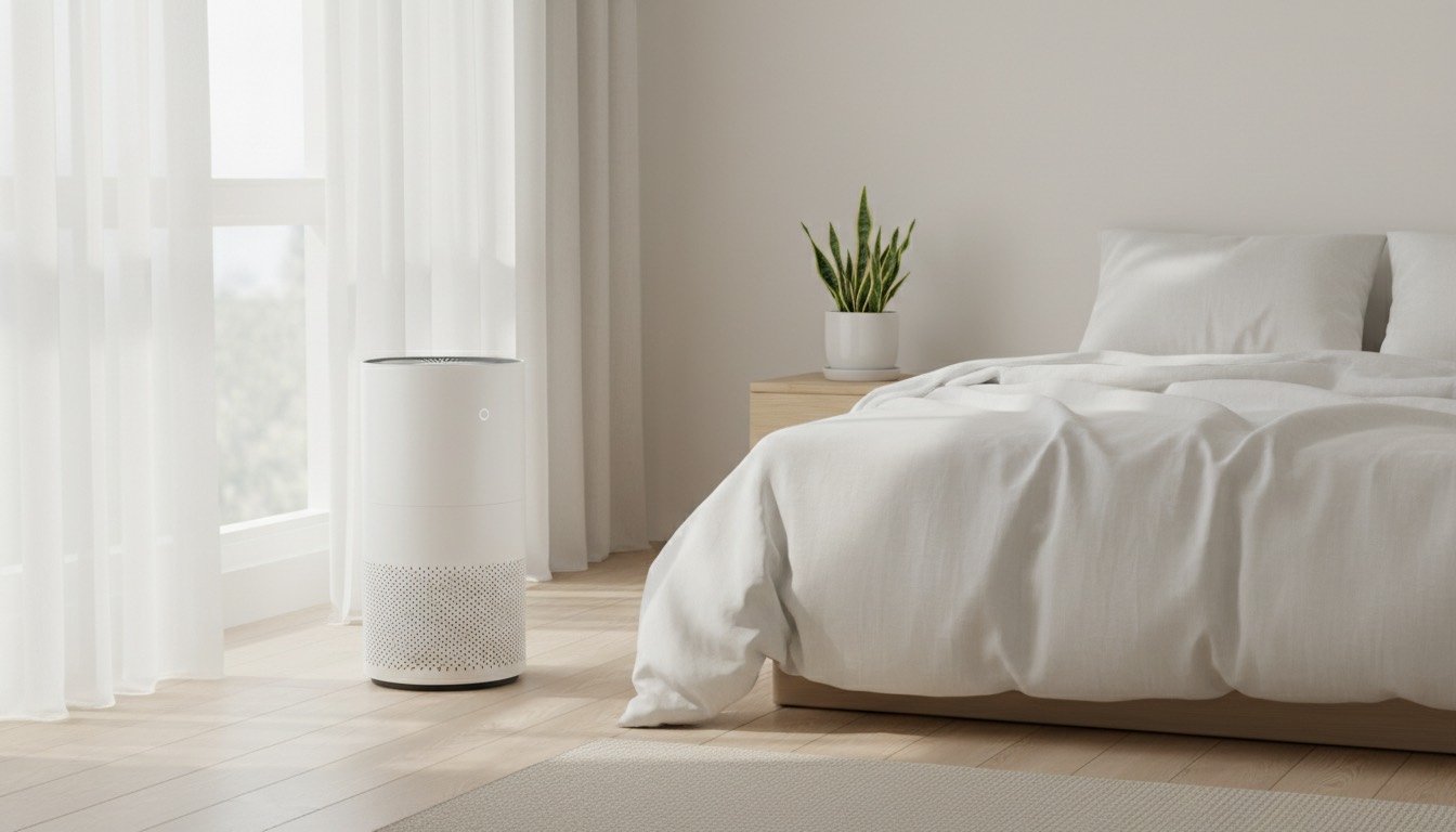 Sleek air purifier in a bright bedroom beside a bed with white linen