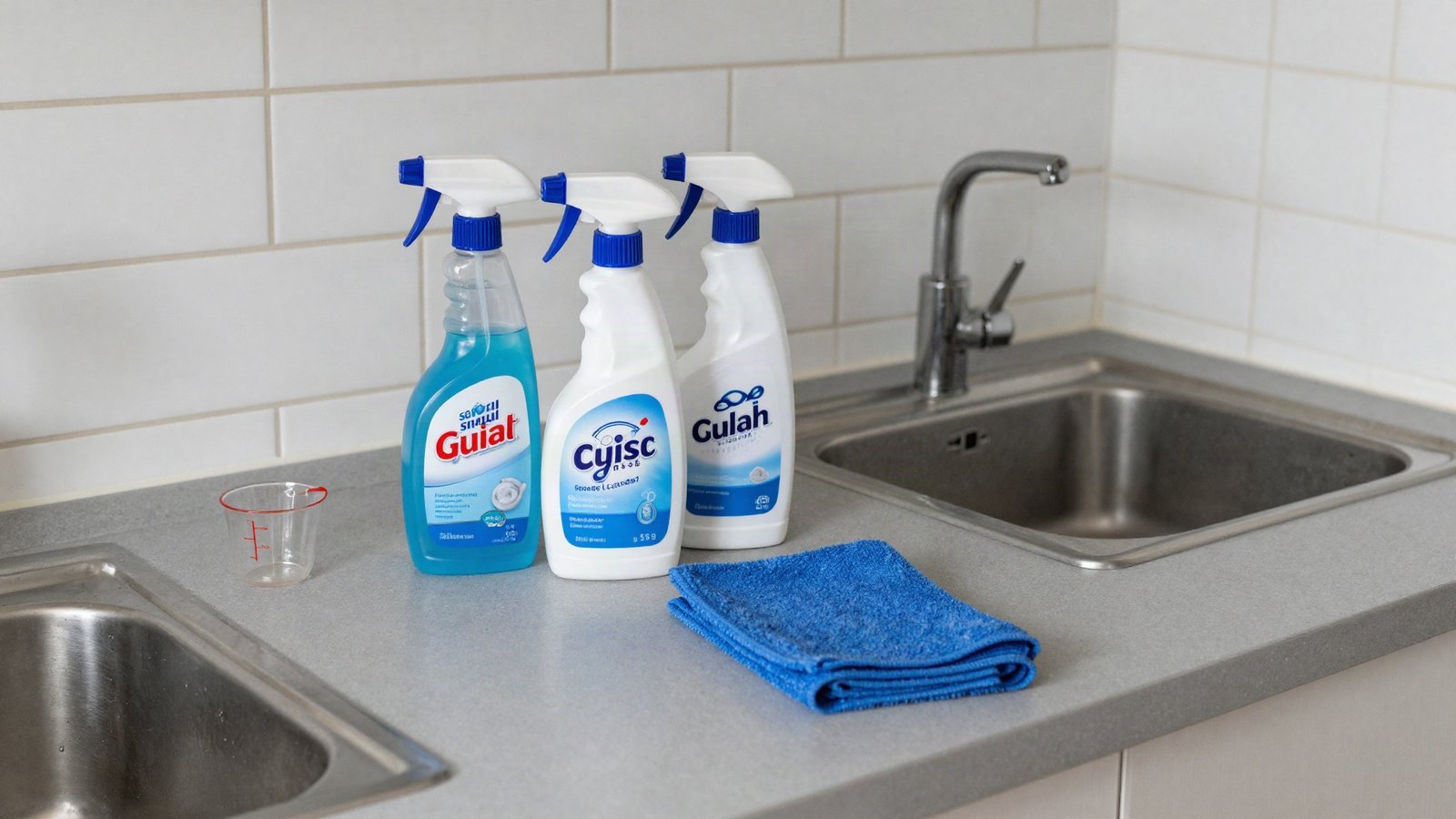 Three spray bottles of multi-surface cleaner and a folded microfibre cloth on a laminate kitchen worktop in a British home