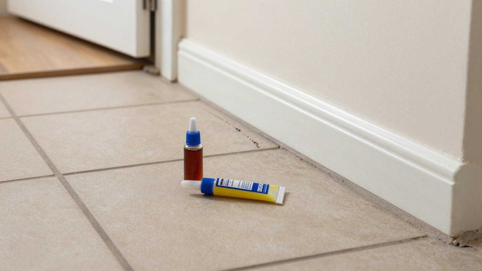 Ant bait station and a tube of liquid ant bait placed along a skirting board beside a kitchen kickboard in a British home