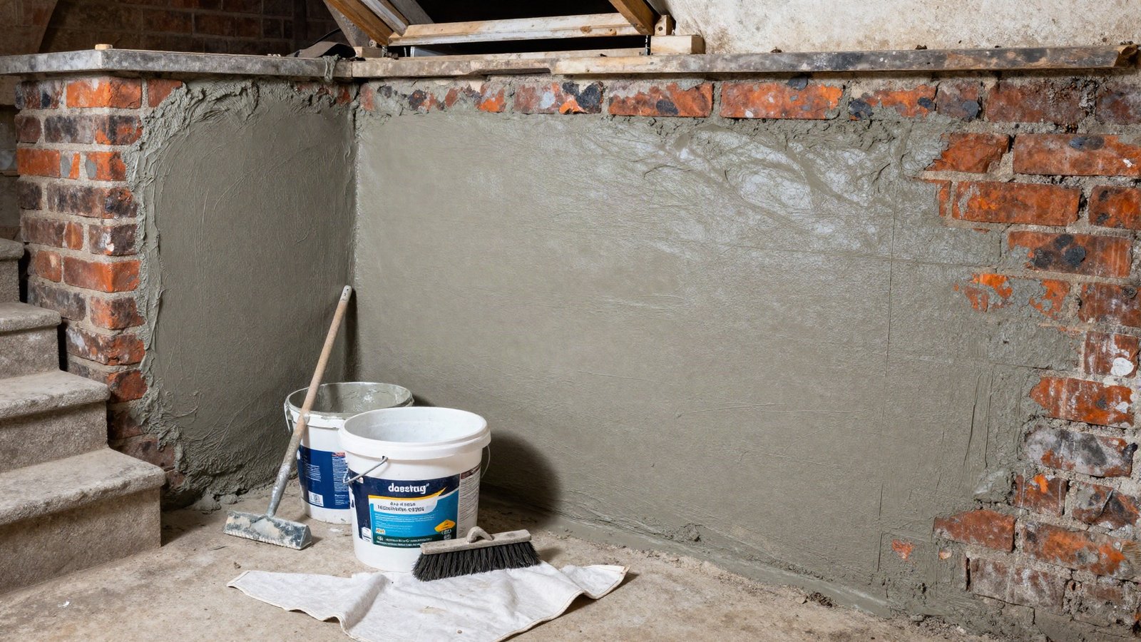 A Victorian cellar wall of bare brick partly coated in grey cementitious tanking slurry, with a mixing bucket, stiff masonry brush and dust sheet on the concrete floor