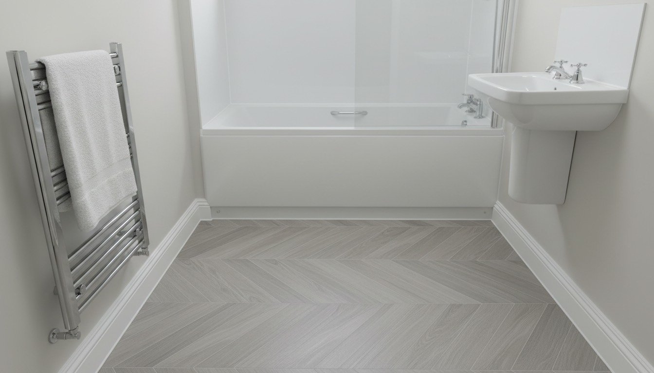 A small UK bathroom with pale wood-effect luxury vinyl tile flooring, a white bath panel, chrome towel rail and a frameless shower screen