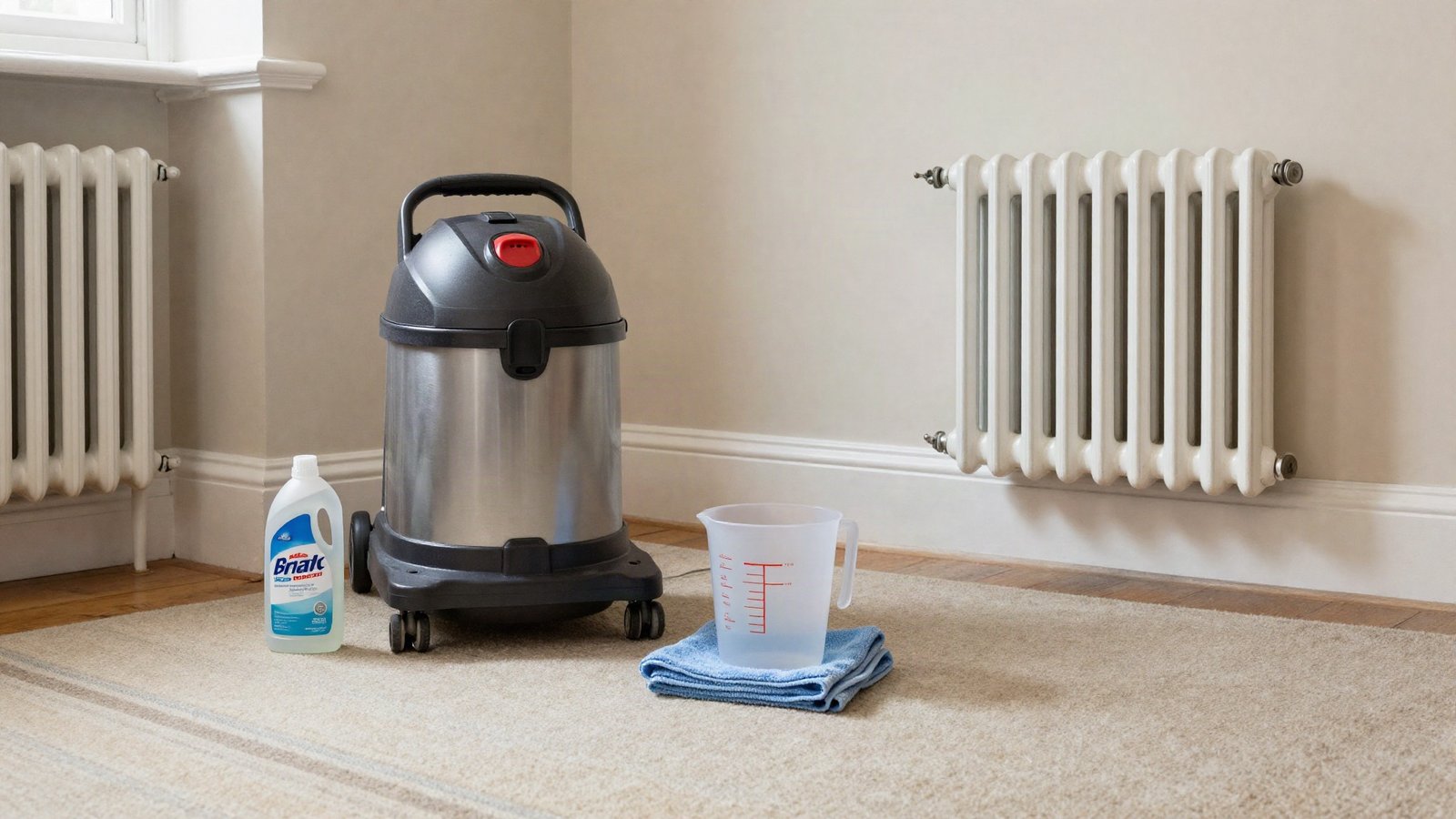 Upright carpet washing machine on a beige wool carpet in a British living room, with cleaning solution and a measuring jug beside the skirting board