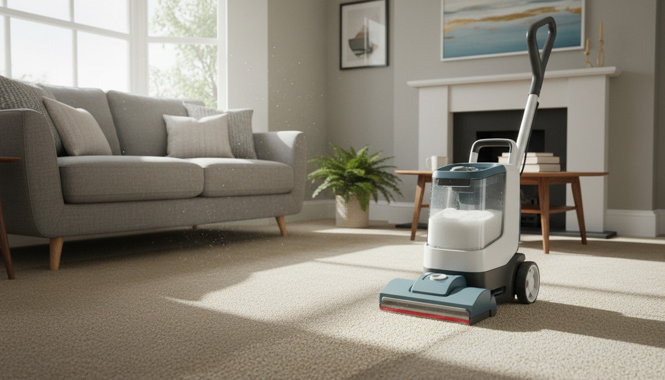 Home carpet cleaning machine lifting a clean stripe on a beige carpet