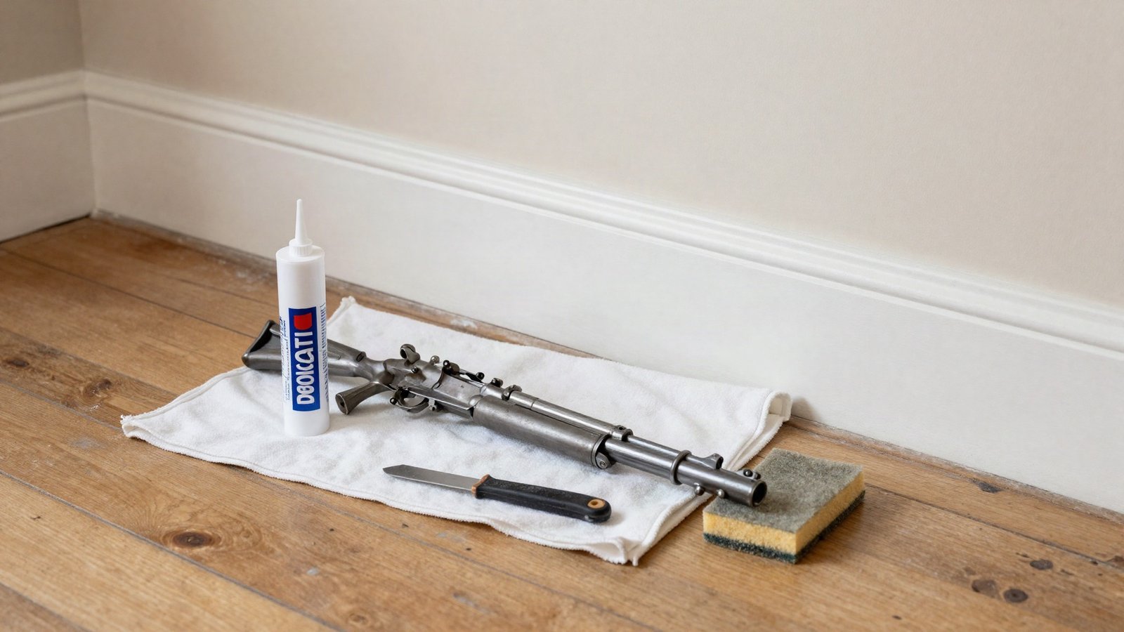 A cartridge of decorator's caulk and a skeleton gun resting on dust sheets beside freshly painted white skirting board in a UK living room
