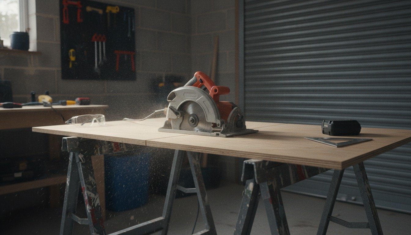 A cordless circular saw cutting an 18mm plywood sheet on trestles in a UK garage workshop, with sawdust, a speed square and safety glasses on the bench