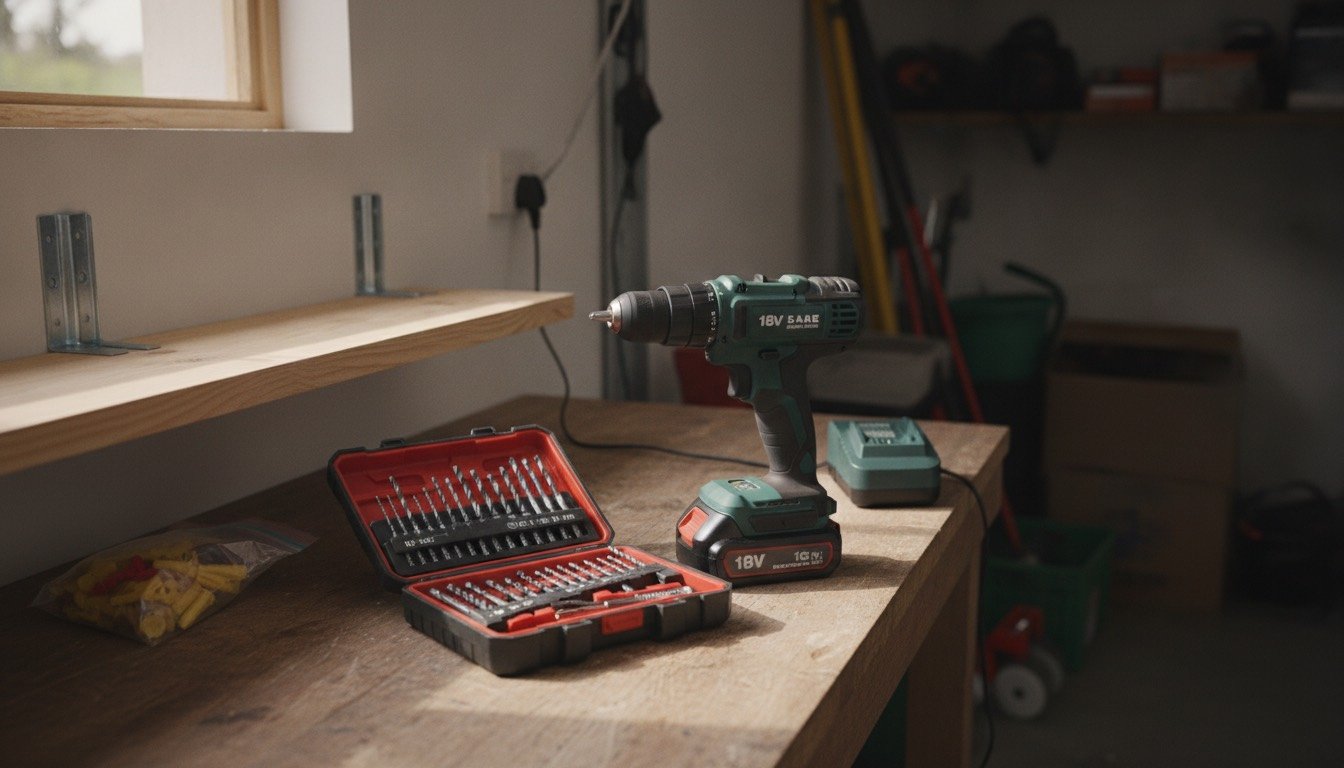 An 18V brushless combi drill, spare battery and masonry bits laid out on a workbench in a UK garage