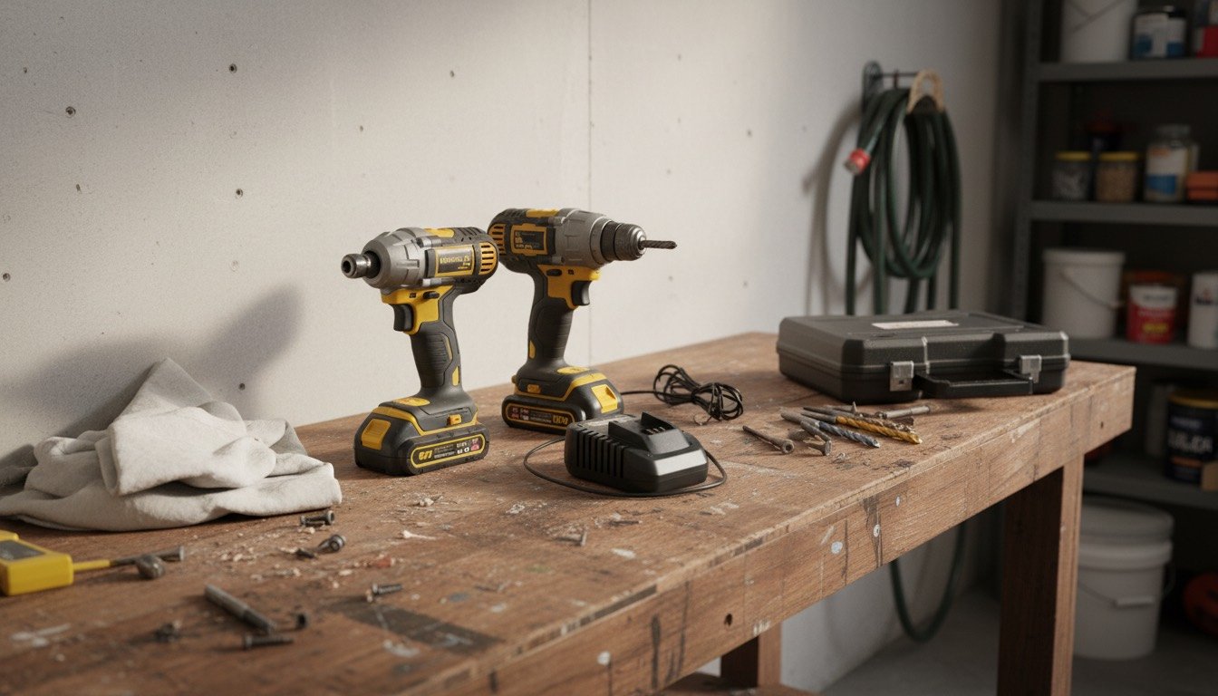 Cordless combi drill, impact driver, battery packs and charger laid out on a workbench in a UK garage