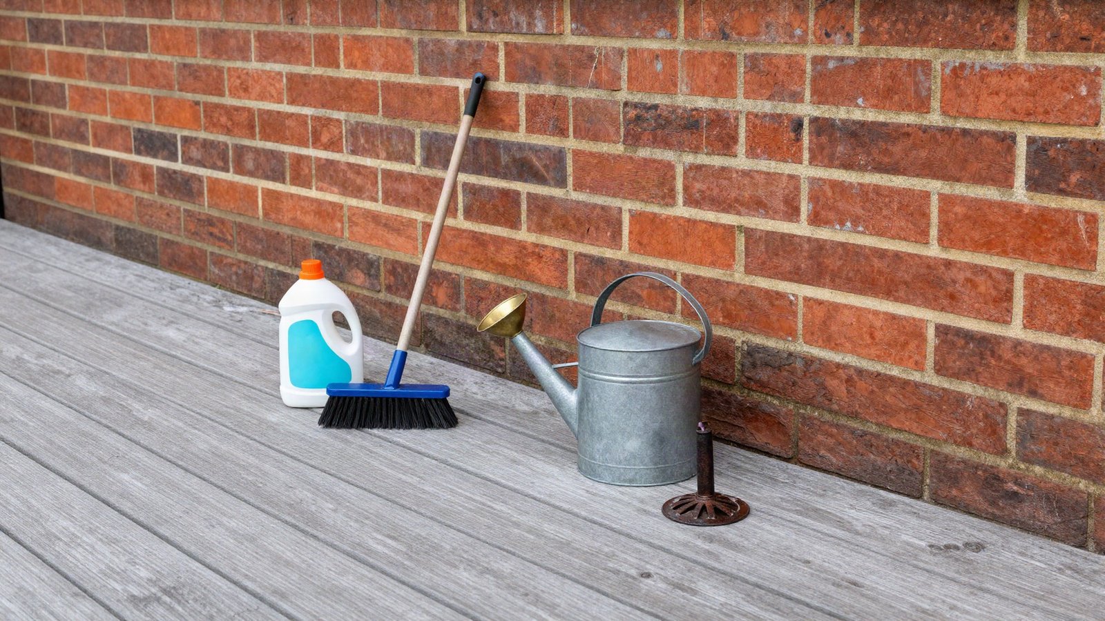 A greyed timber deck beside a Victorian red brick wall, with a bottle of decking cleaner, a long-handled stiff brush and a watering can standing on the boards