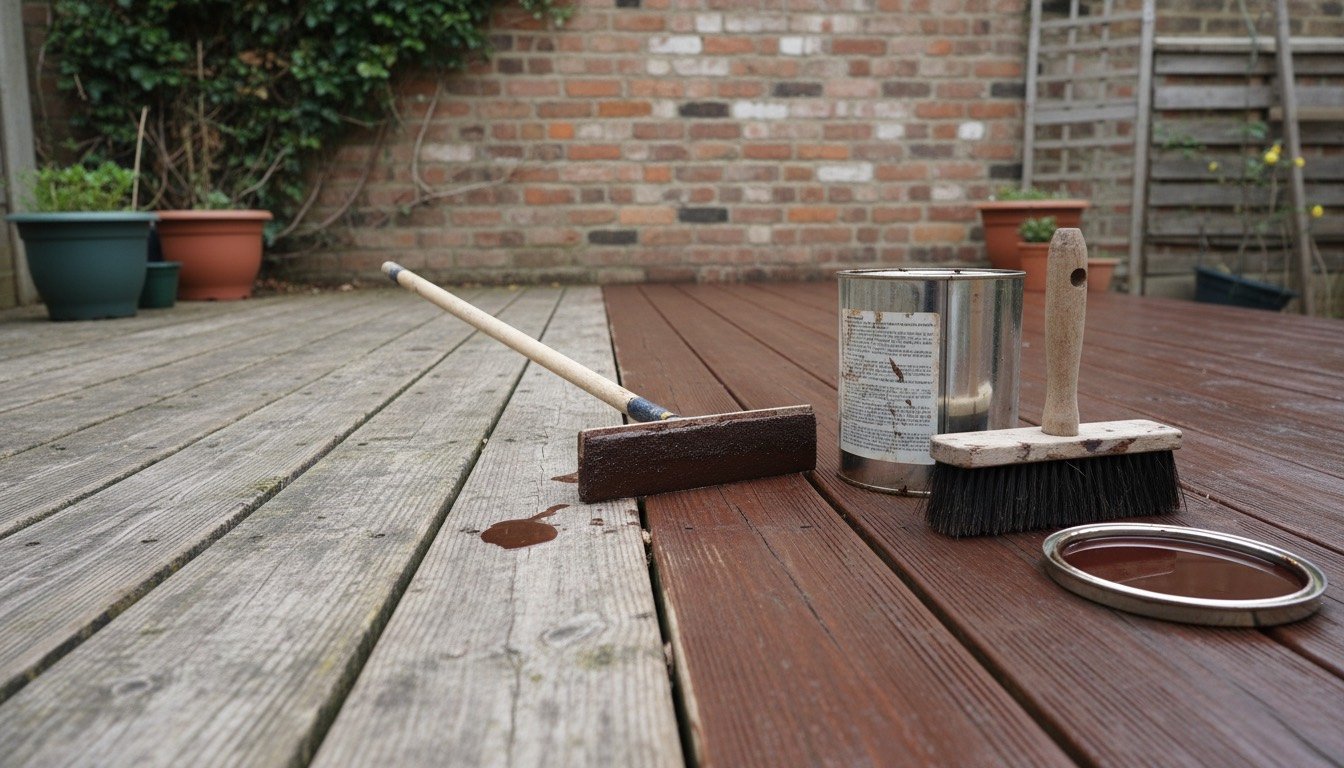 A pressure-treated softwood deck in a British back garden part-way through recoating, with a paint pad, brush and open tin of decking stain on the boards