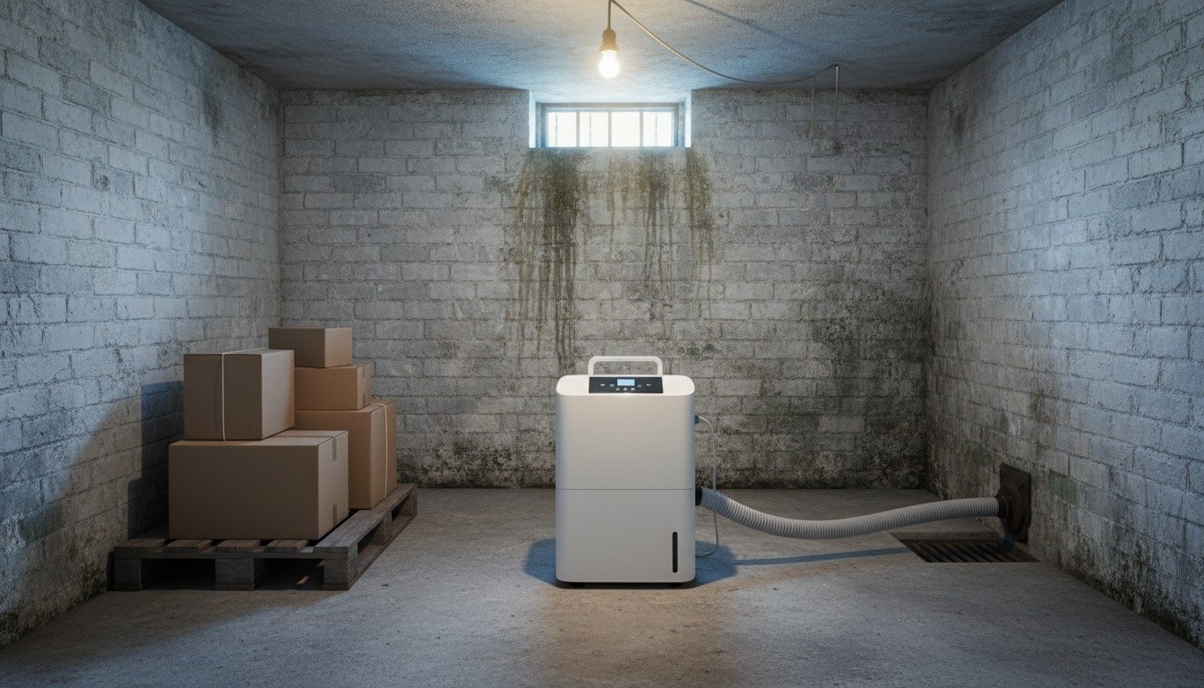 A white portable dehumidifier running on the concrete floor of a UK cellar beside painted brick walls and a stack of storage boxes