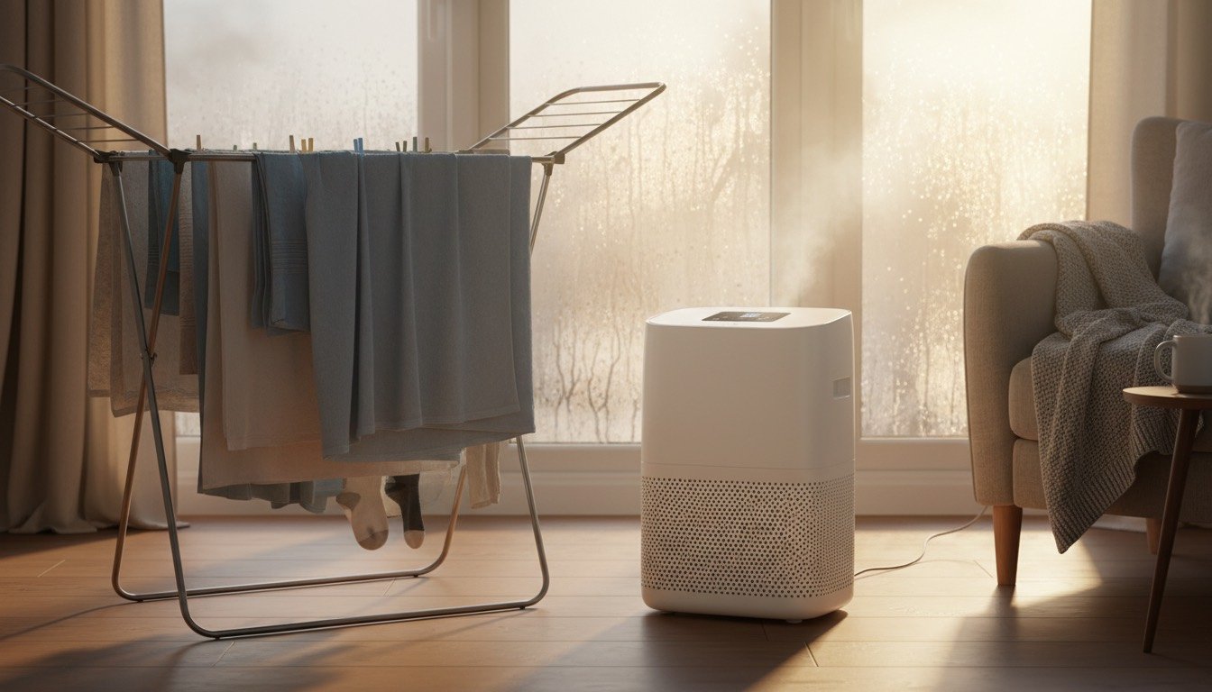 Compact dehumidifier beside a clothes airer with drying laundry in a UK home