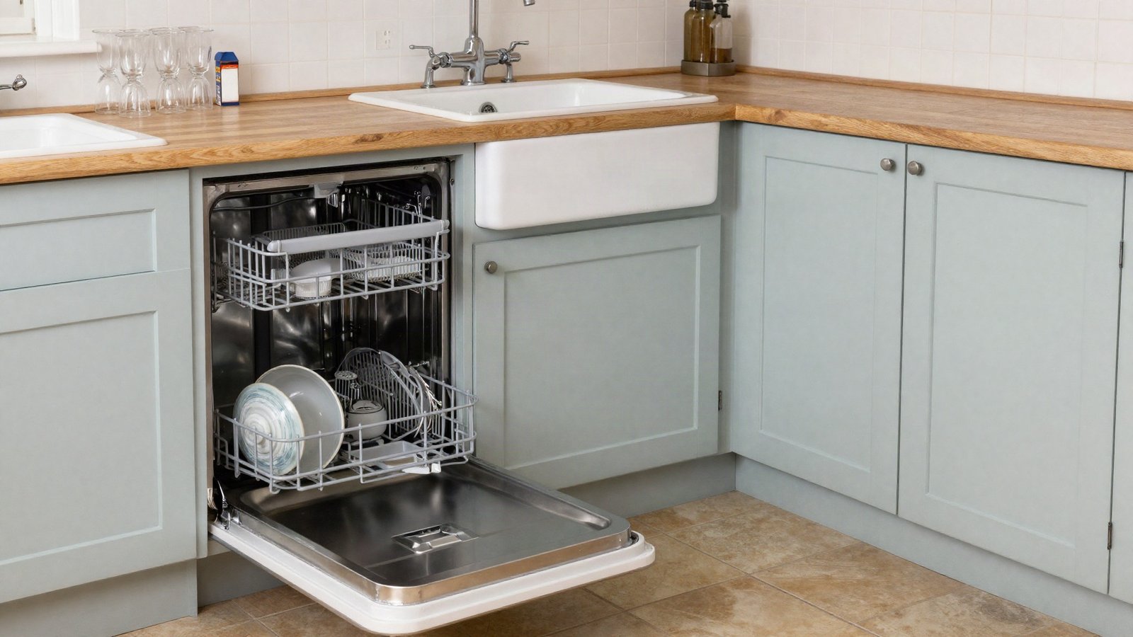 An integrated dishwasher standing open in a Victorian terraced kitchen with a Belfast sink, quarry-tiled floor and a box of dishwasher salt on the worktop