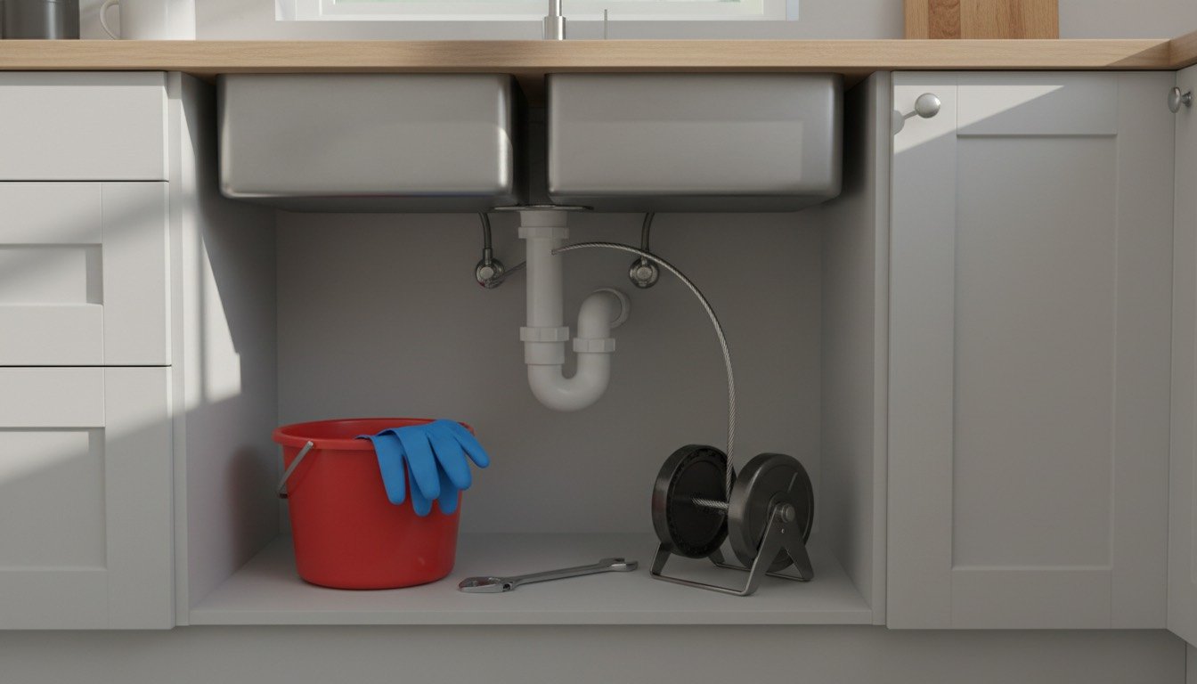 A hand-cranked drain auger with an 8mm steel cable fed into the waste pipe under a white ceramic kitchen sink, with a bucket and gloves on the cupboard floor