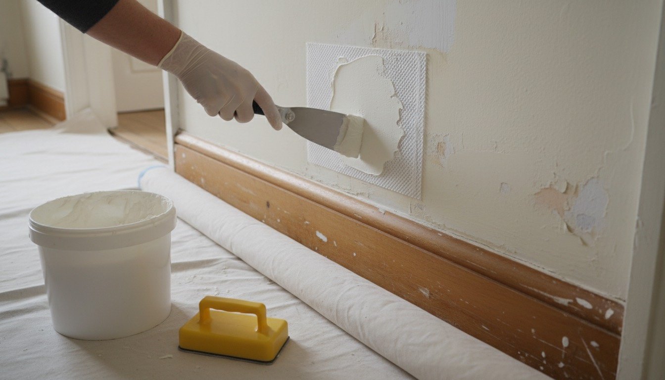 Filling knife smoothing white filler over a self-adhesive mesh patch on a plasterboard wall, with a tub of filler and sanding block nearby