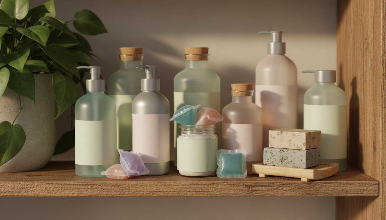 Collection of refillable eco cleaning bottles and solid soap bars on a wooden shelf