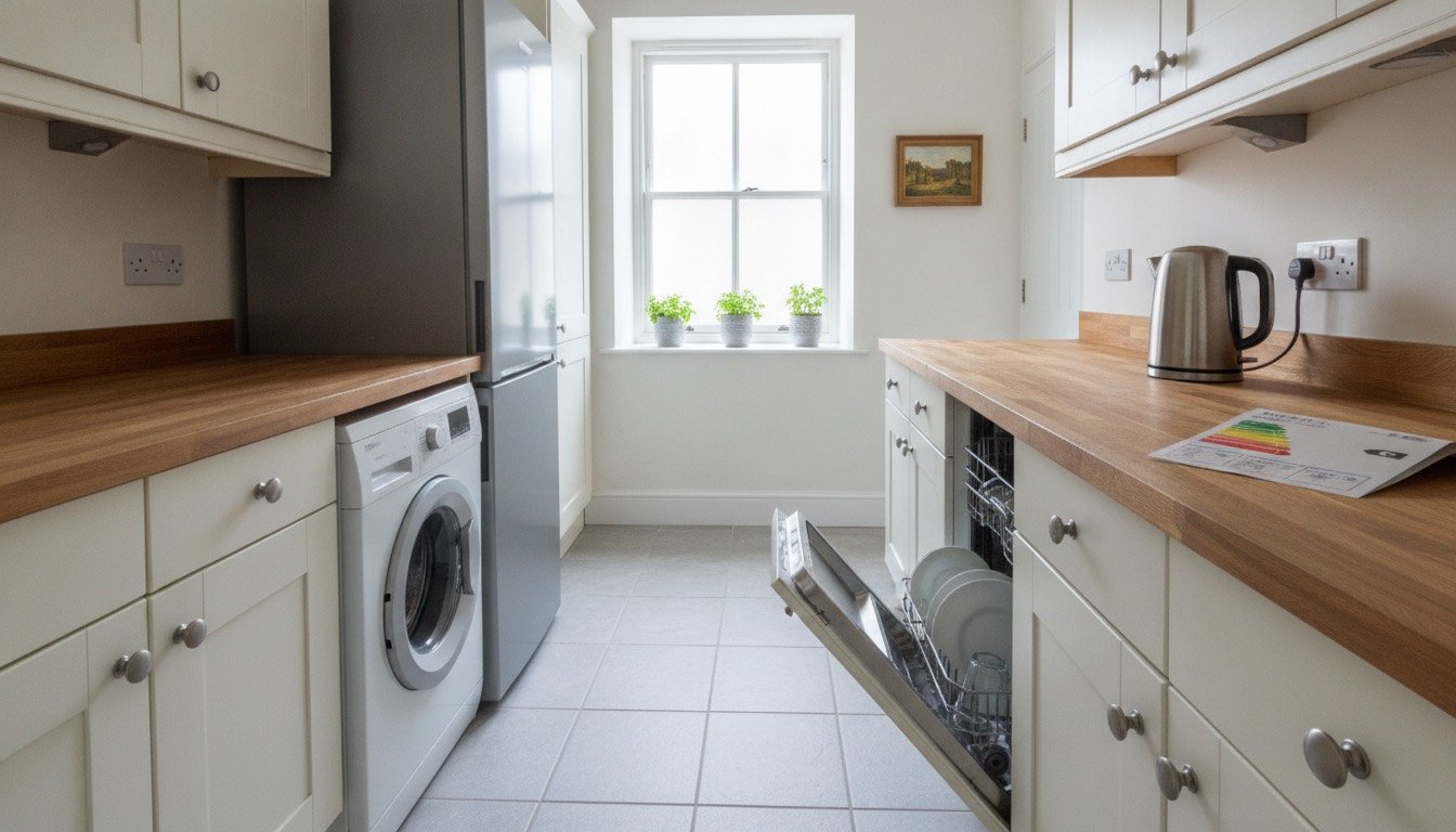 A UK kitchen with an integrated dishwasher, freestanding fridge freezer and washing machine under a worktop, energy label visible on the appliance door