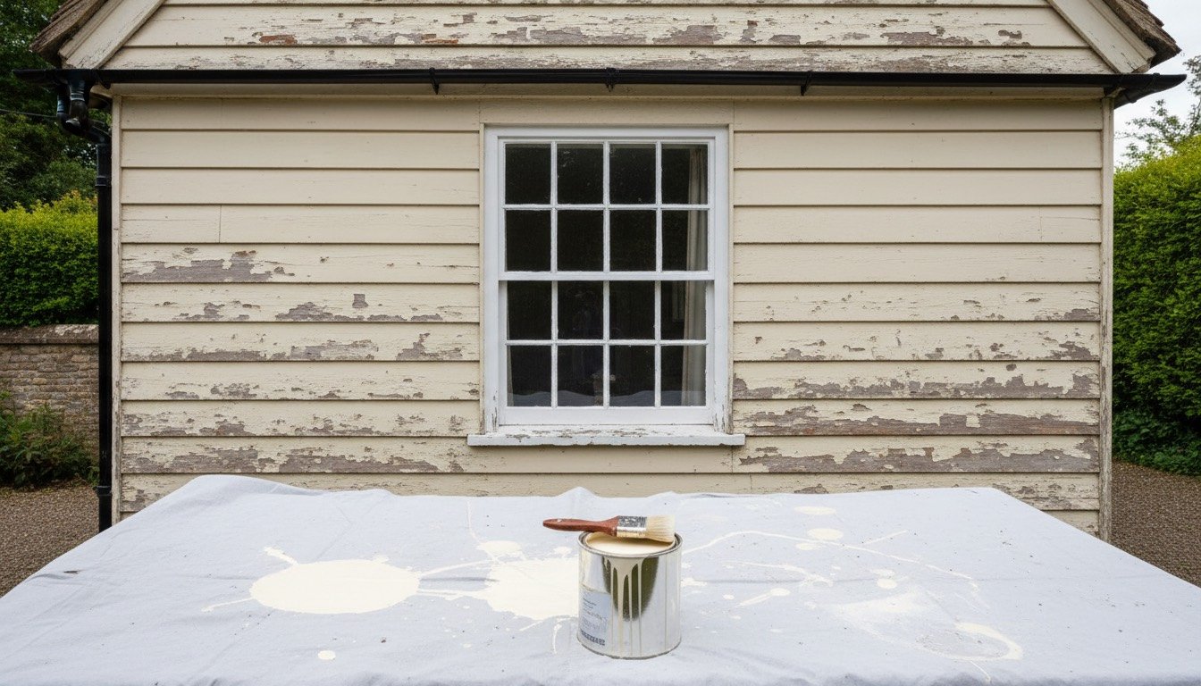 Painted timber weatherboard cladding on a period English cottage gable, with a brush and paint tin on a dust sheet below