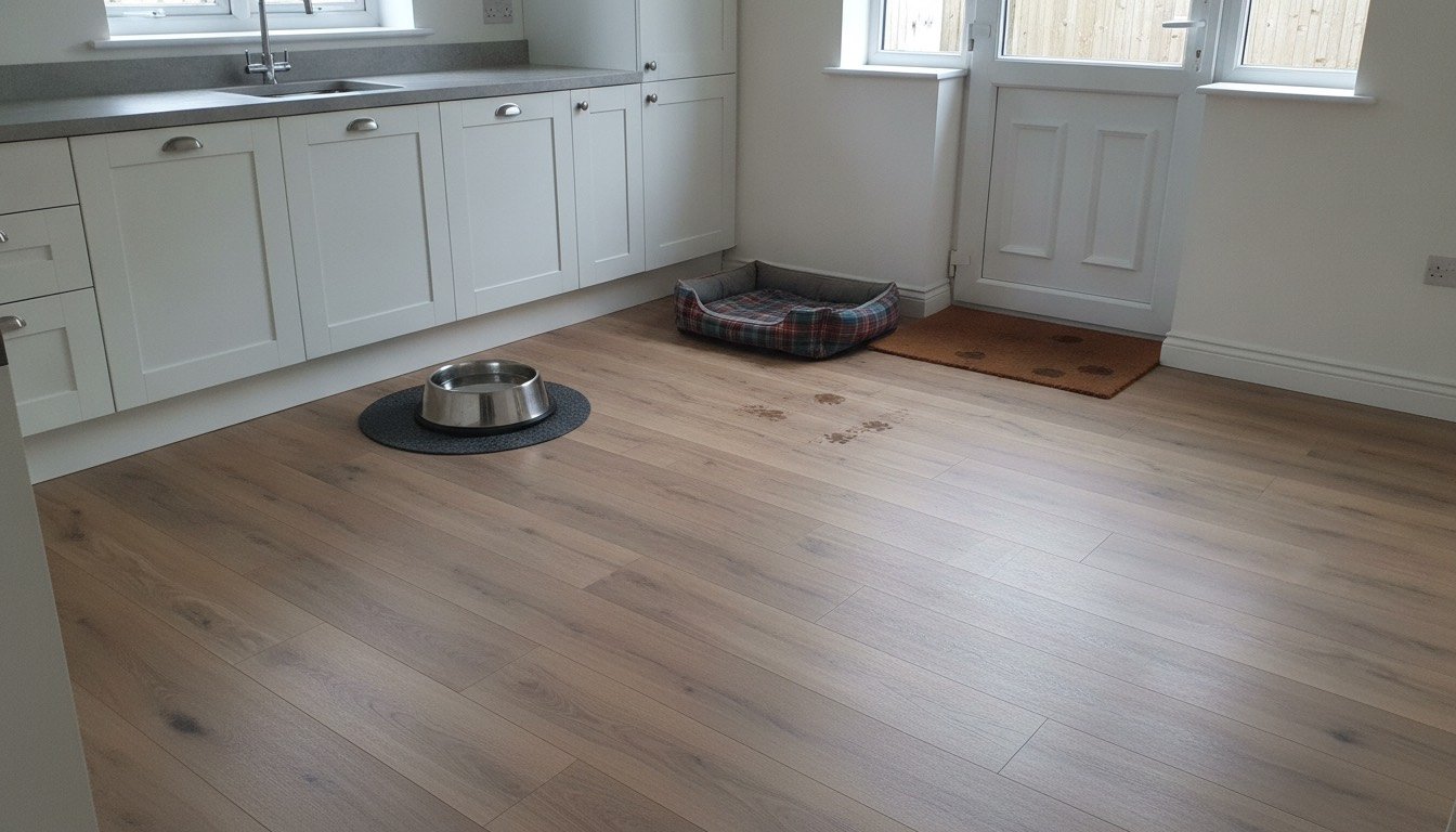 Oak-effect luxury vinyl plank flooring in a UK kitchen-diner with a stainless steel dog bowl on a rubber mat and a tartan dog bed beside the back door