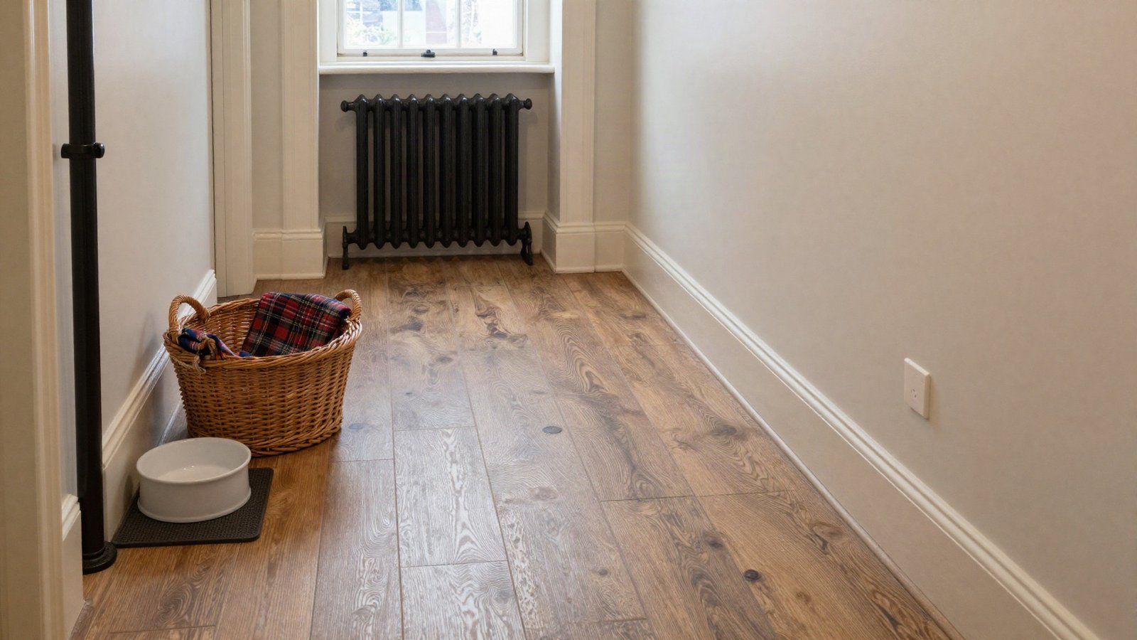 Wood-effect luxury vinyl tile flooring in a Victorian terraced hallway, with original skirting boards, a cast-iron radiator and a wicker dog bed beside a ceramic water bowl
